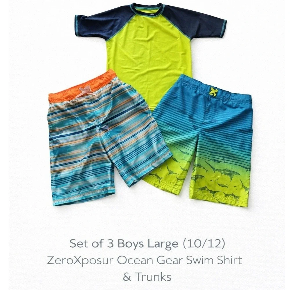 Boys ZeroXposur Ocean Swim Set 3pc Rash Guard Trunks Neon Shark‎ Blue 10/12 L
